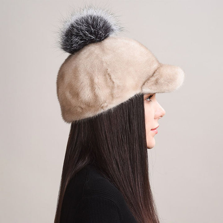Real Mink Fur Hat with Fox Fur Pom-Pom Women's Luxury Winter Fur Baseball-Style Cap for Cold Weather