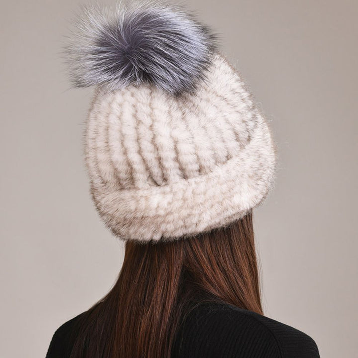 Luxury Real Mink Fur Beanie Hat with Fox Fur Pom-Pom Elegant Winter Knitted Hat for Women