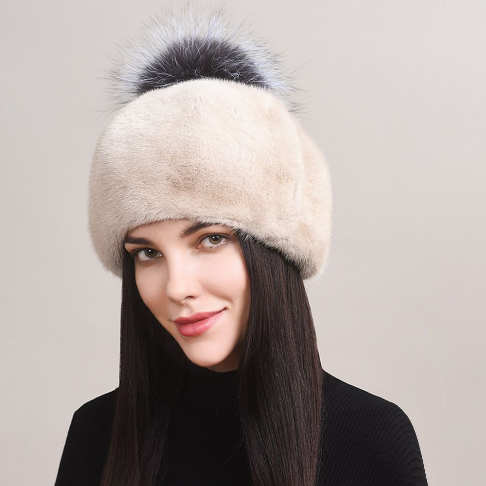 Luxury Real Mink Fur Beanie Hat with Fox Fur Pom-Pom Women's Elegant Warm Winter Hat