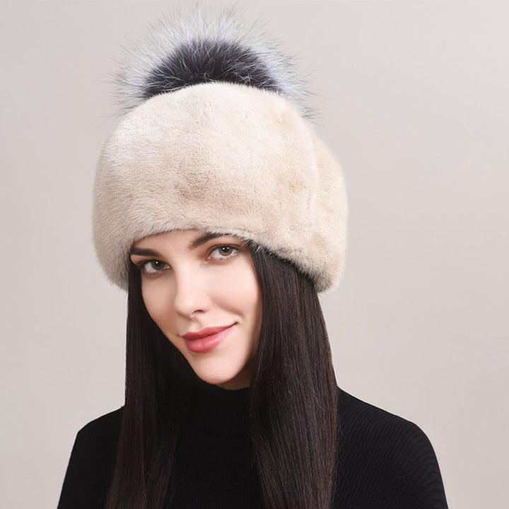 Luxury Real Mink Fur Beanie Hat with Fox Fur Pom-Pom Women's Elegant Warm Winter Hat