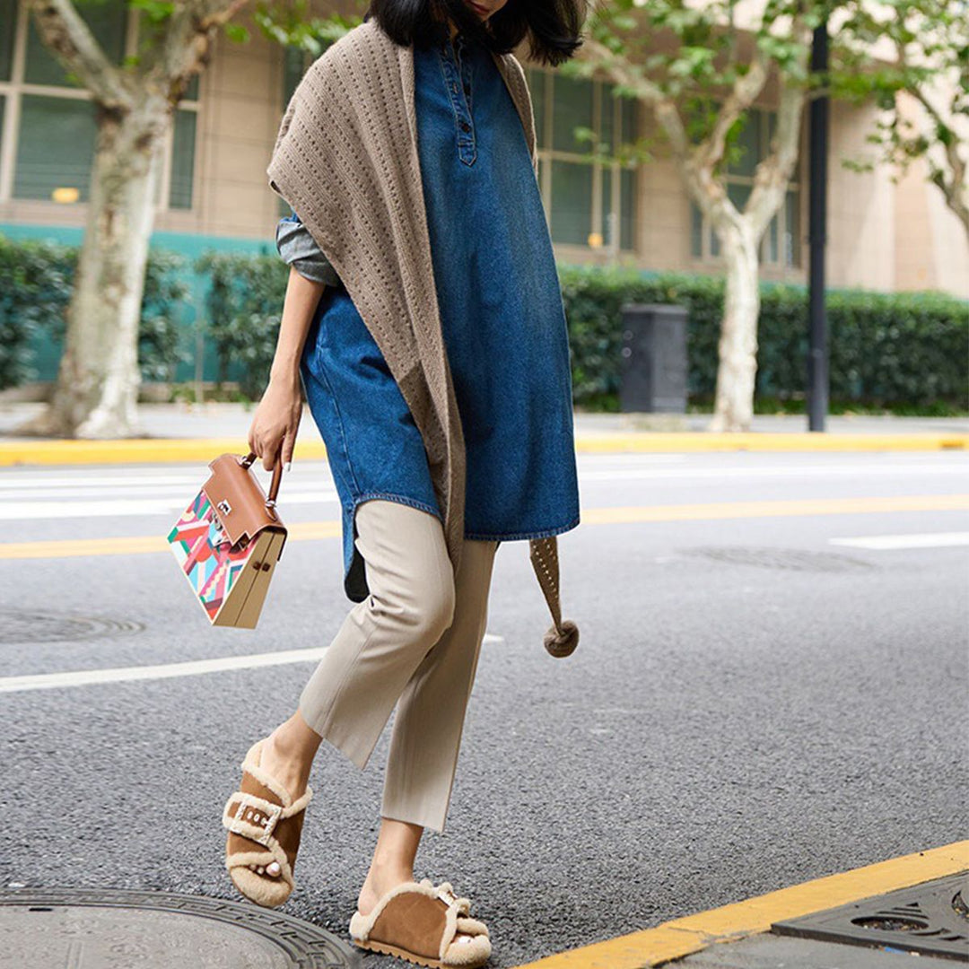 100% Pure Cashmere Pom-Pom Long Triangle Scarf Wrap