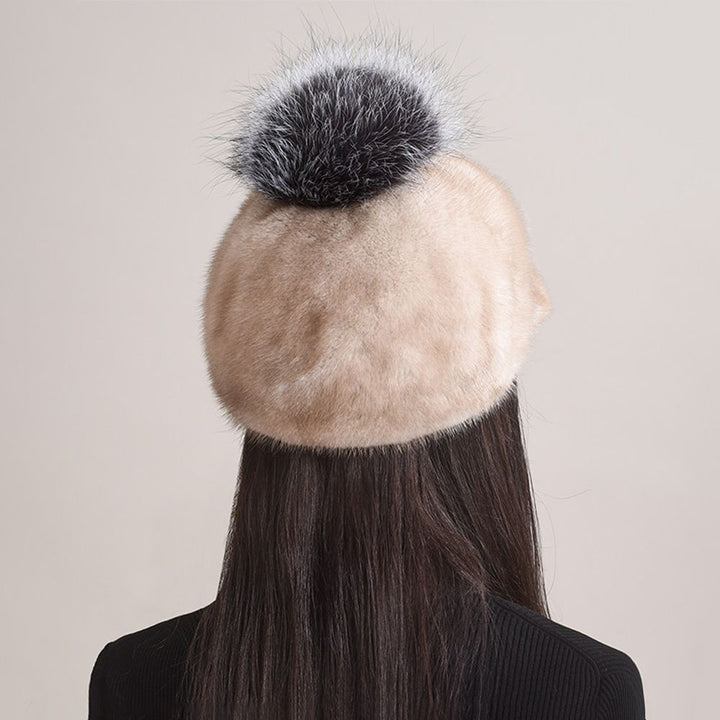 Real Mink Fur Hat with Fox Fur Pom-Pom Women's Luxury Winter Fur Baseball-Style Cap for Cold Weather