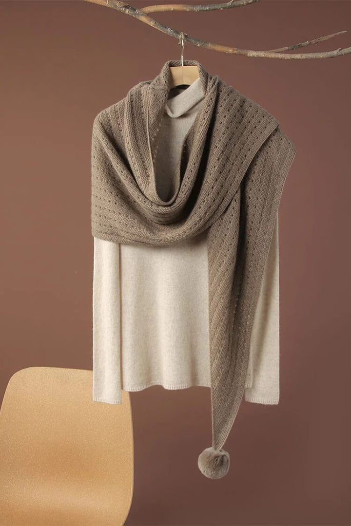 100% Pure Cashmere Pom-Pom Long Triangle Scarf Wrap