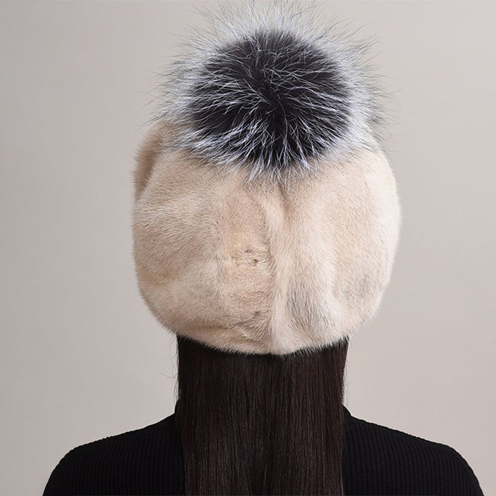 Luxury Real Mink Fur Beanie Hat with Fox Fur Pom-Pom Women's Elegant Warm Winter Hat