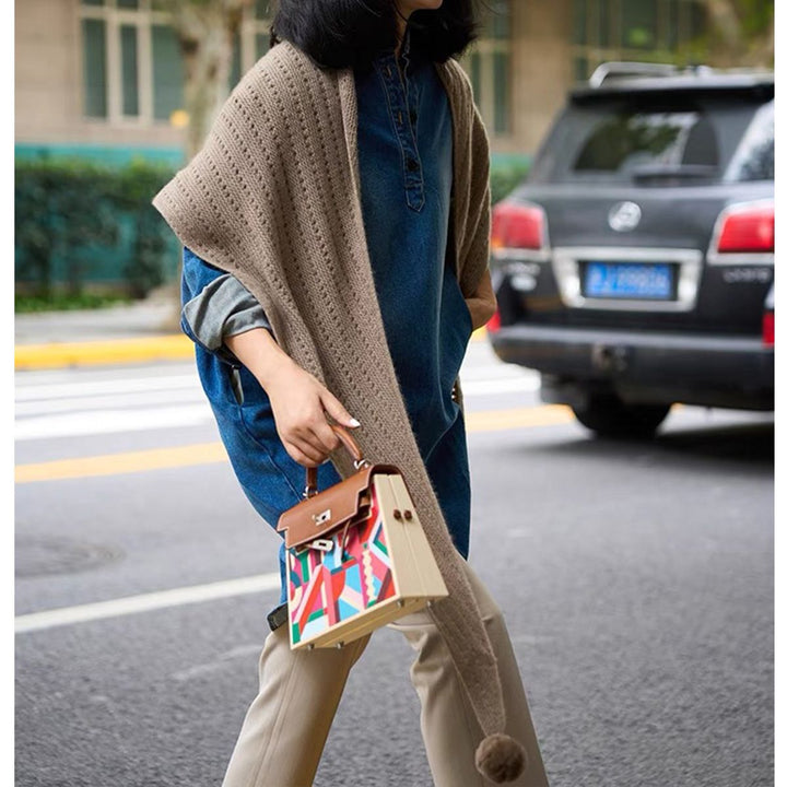100% Pure Cashmere Pom-Pom Long Triangle Scarf Wrap