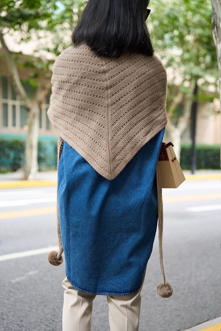 100% Pure Cashmere Pom-Pom Long Triangle Scarf Wrap