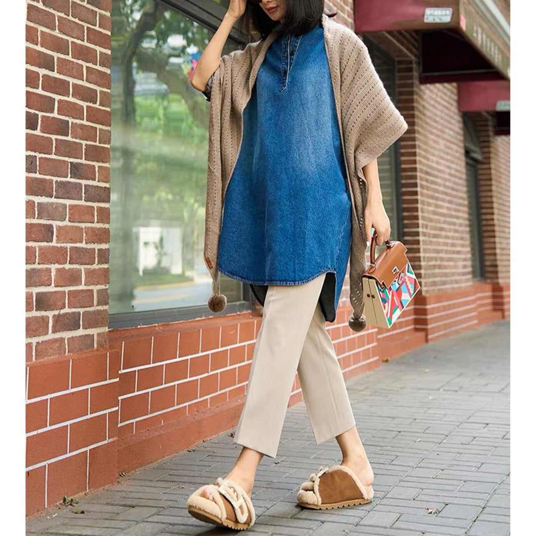 100% Pure Cashmere Pom-Pom Long Triangle Scarf Wrap