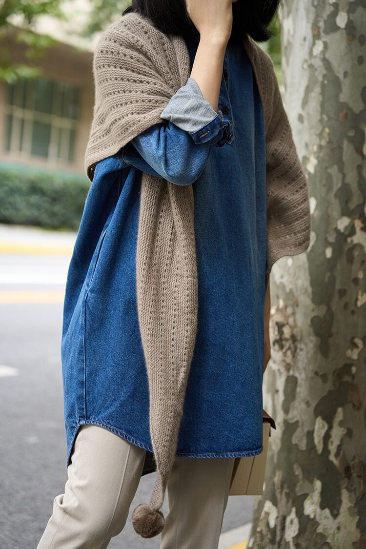 100% Pure Cashmere Pom-Pom Long Triangle Scarf Wrap
