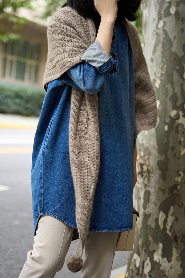 100% Pure Cashmere Pom-Pom Long Triangle Scarf Wrap