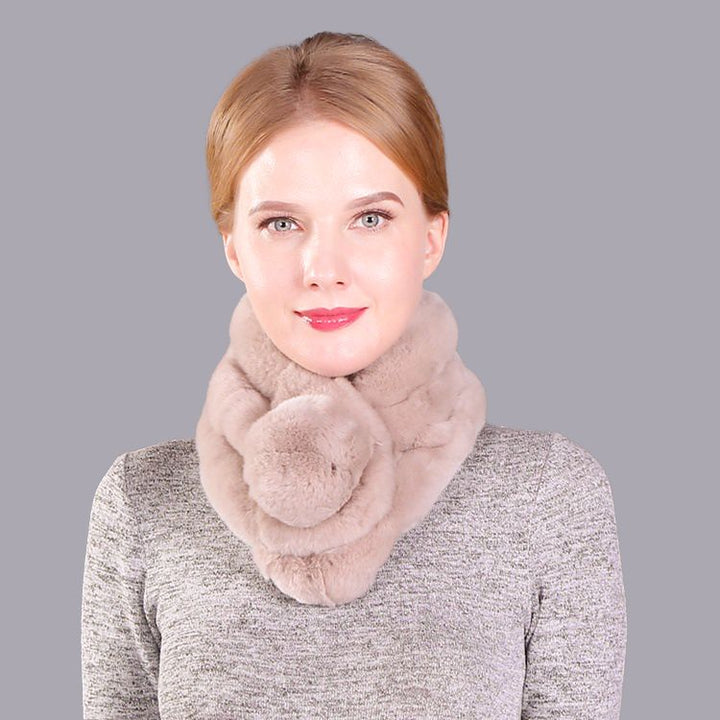 Luxury Real Rabbit Fur Collar Scarf with Pom-Pom Soft Winter Neck Warmer