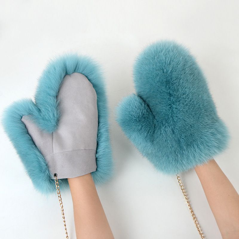 Luxury Real Fox Fur Mittens with Chain Strap Warm Winter Leather Fur Gloves for Women