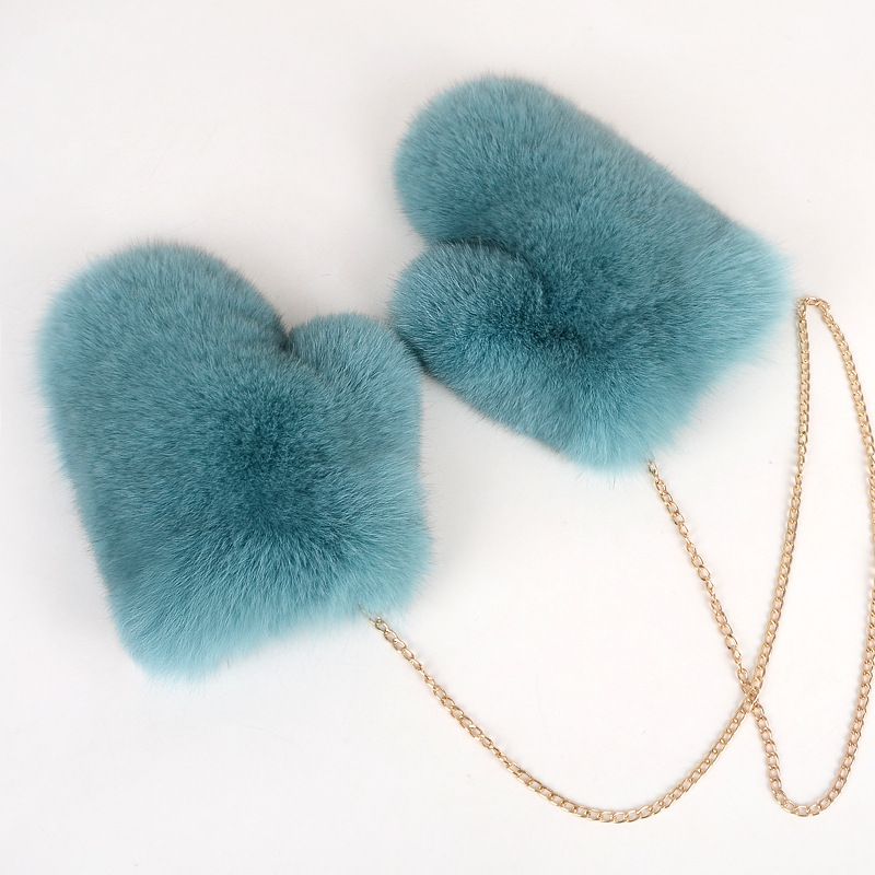 Luxury Real Fox Fur Mittens with Chain Strap Warm Winter Leather Fur Gloves for Women