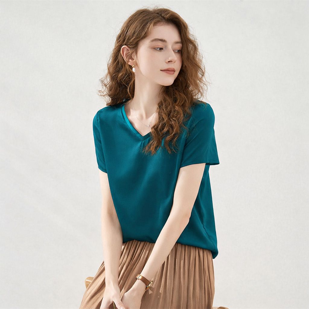 22 Momme Basic V-Neck Pure Mulberry Silk Short Sleeve T-Shirt
