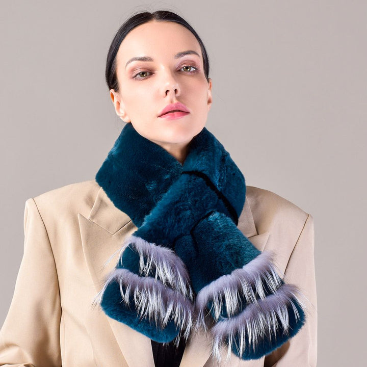 Soft Rabbit Fur Scarf with Fox Fur Trim Fashionable Two-Tone Women Winter Scarf