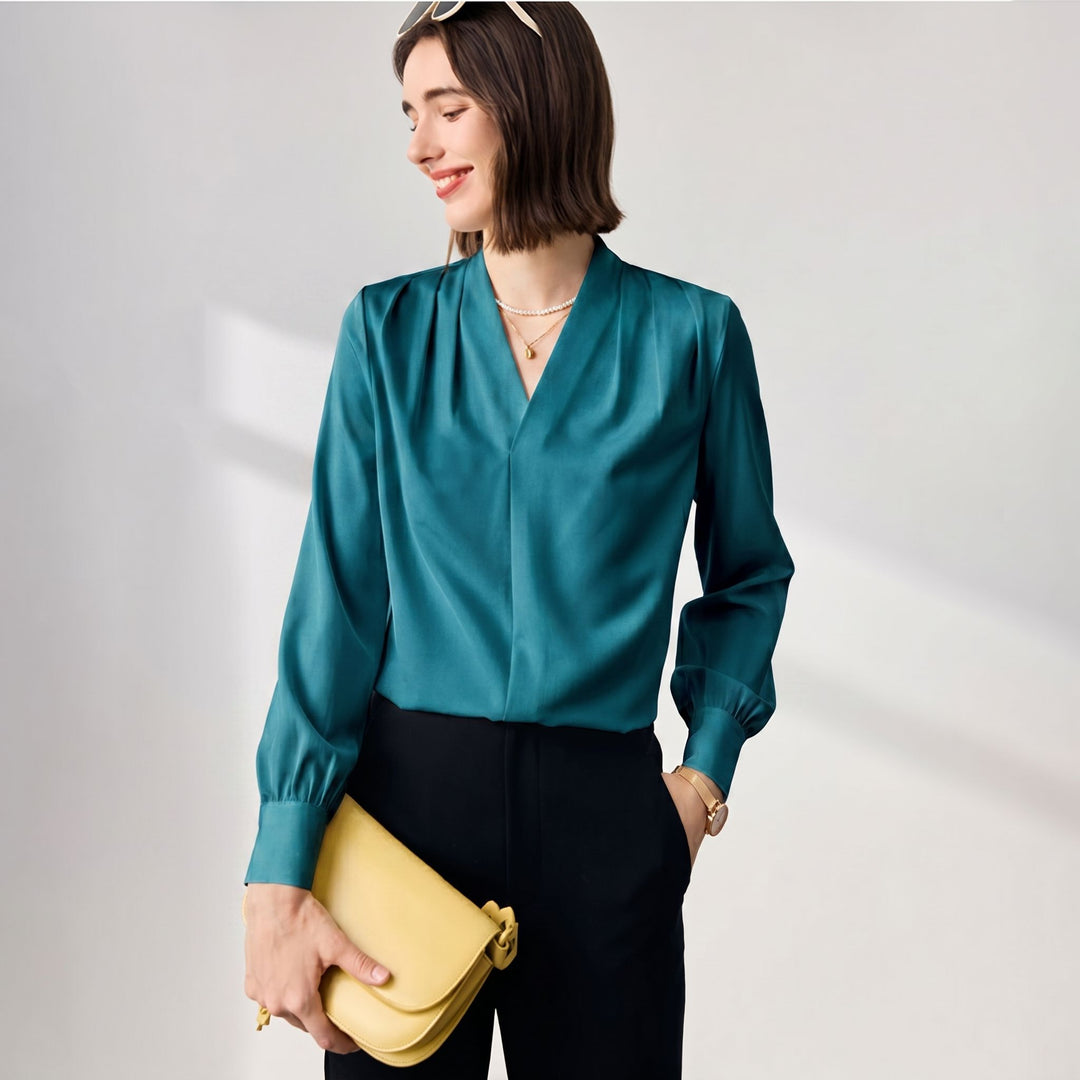 22 Momme Women's V-Neck Draped Front Long Sleeve Silk Blouse
