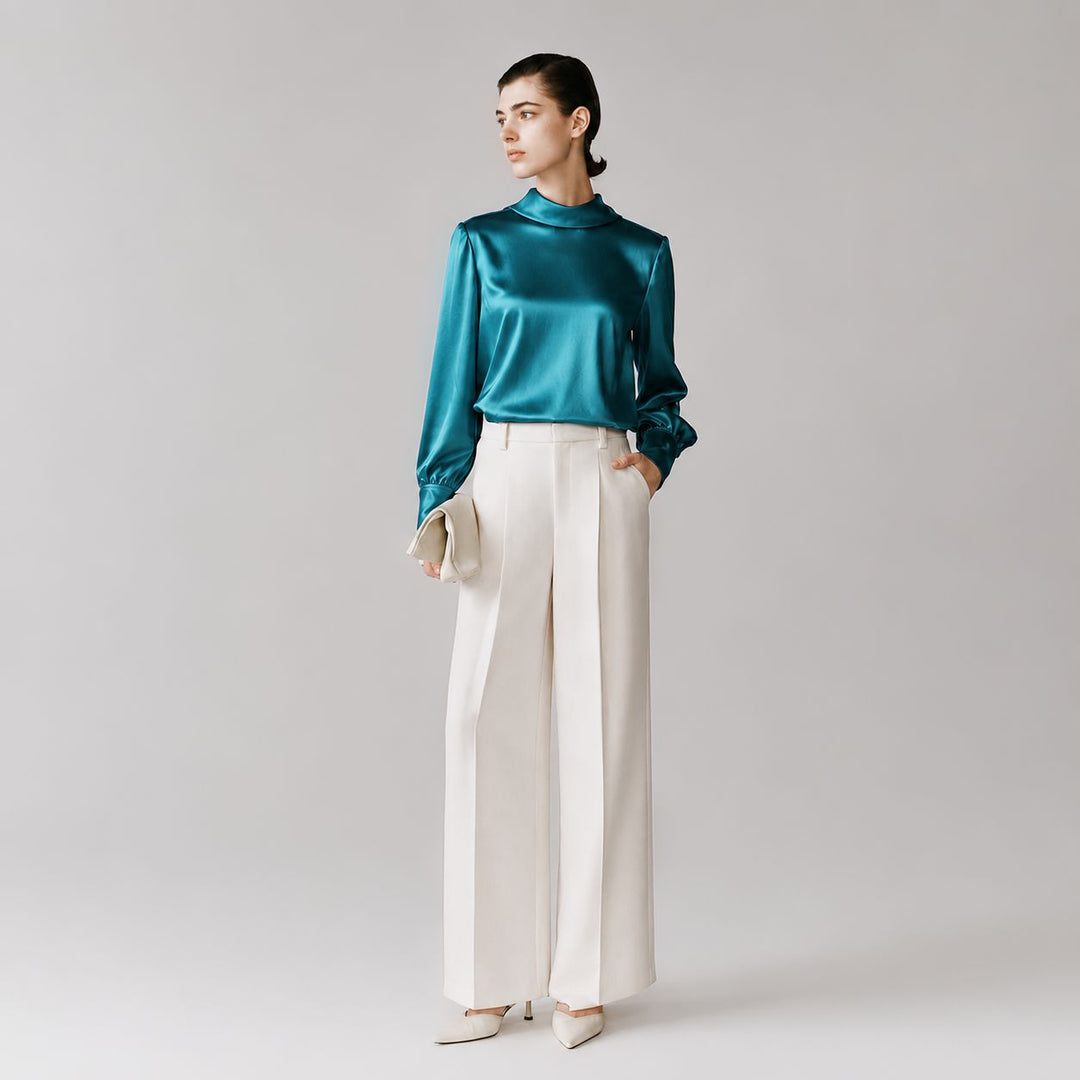 Elegant Long Sleeve High-Neck 100% Mulberry Silk Blouse for Women