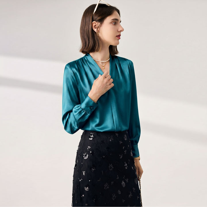 22 Momme Women's V-Neck Draped Front Long Sleeve Silk Blouse