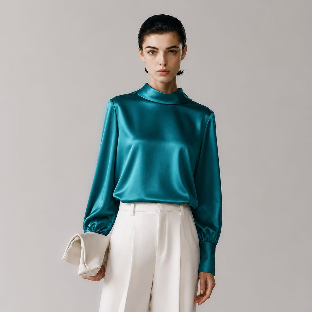 Elegant Long Sleeve High-Neck 100% Mulberry Silk Blouse for Women