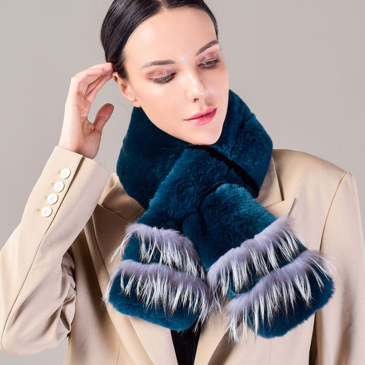 Soft Rabbit Fur Scarf with Fox Fur Trim Fashionable Two-Tone Women Winter Scarf