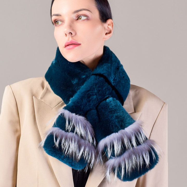 Soft Rabbit Fur Scarf with Fox Fur Trim Fashionable Two-Tone Women Winter Scarf