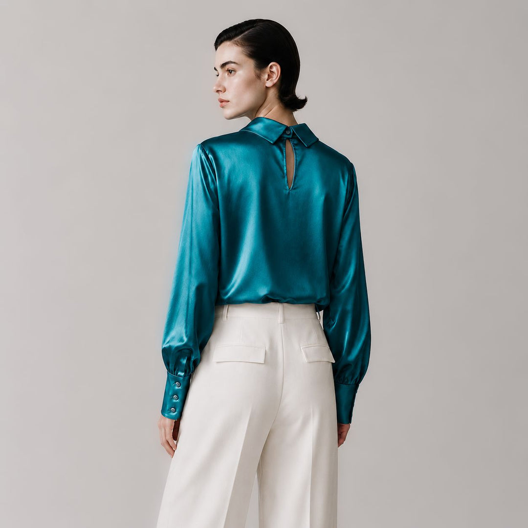 Elegant Long Sleeve High-Neck 100% Mulberry Silk Blouse for Women