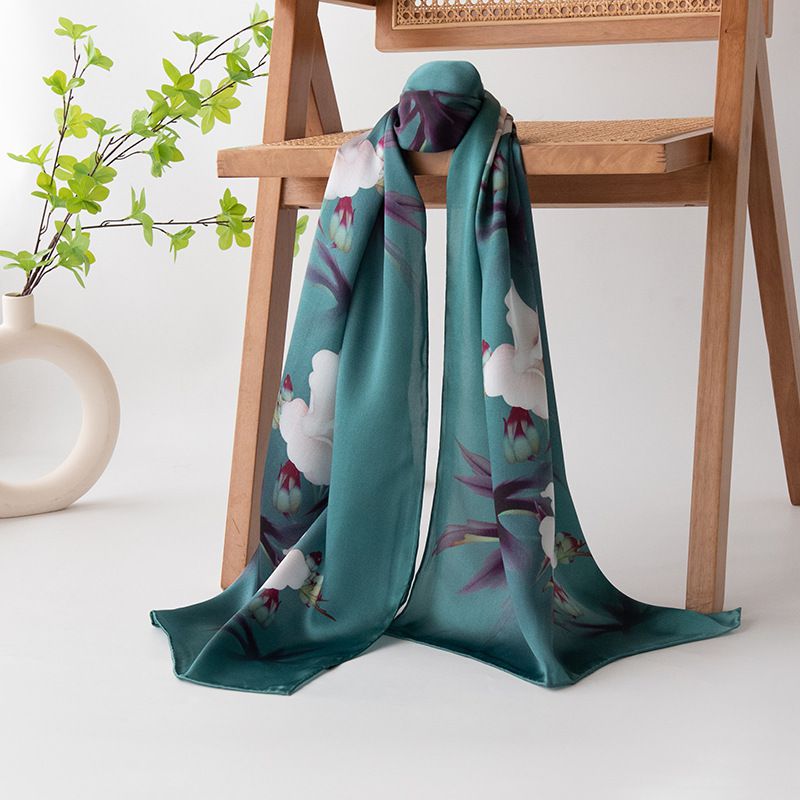 69" x 21" Womens Long Floral Printed Mulberry Silk Scarf Lightweight Luxury Wrap Neck Shawl