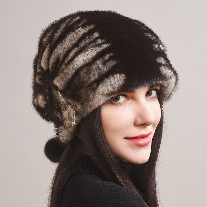 Tiger Printed Luxury Real Mink Fur Hat for Women Winter Slouchy Fur Beanie Beret Hat with Pom-Pom