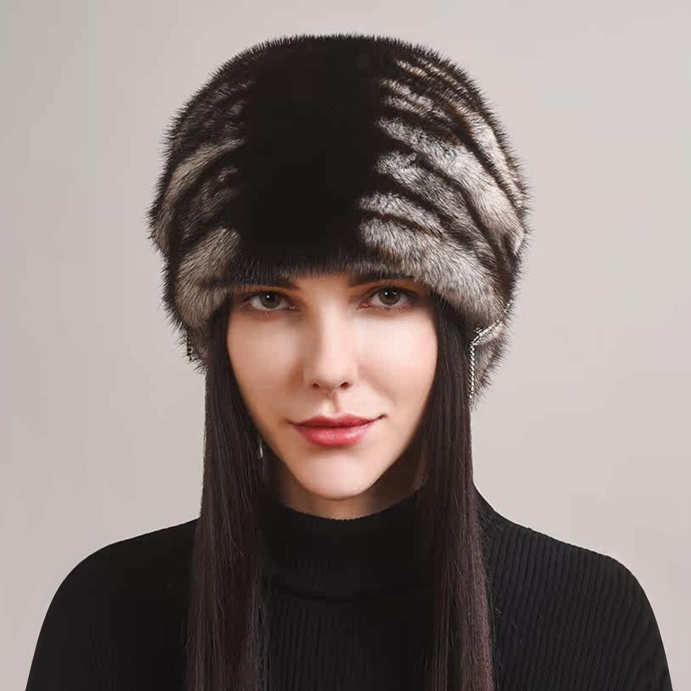 Tiger Printed Luxury Real Mink Fur Hat for Women Winter Slouchy Fur Beanie Beret Hat with Pom-Pom