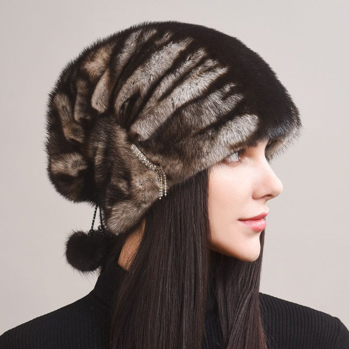 Tiger Printed Luxury Real Mink Fur Hat for Women Winter Slouchy Fur Beanie Beret Hat with Pom-Pom