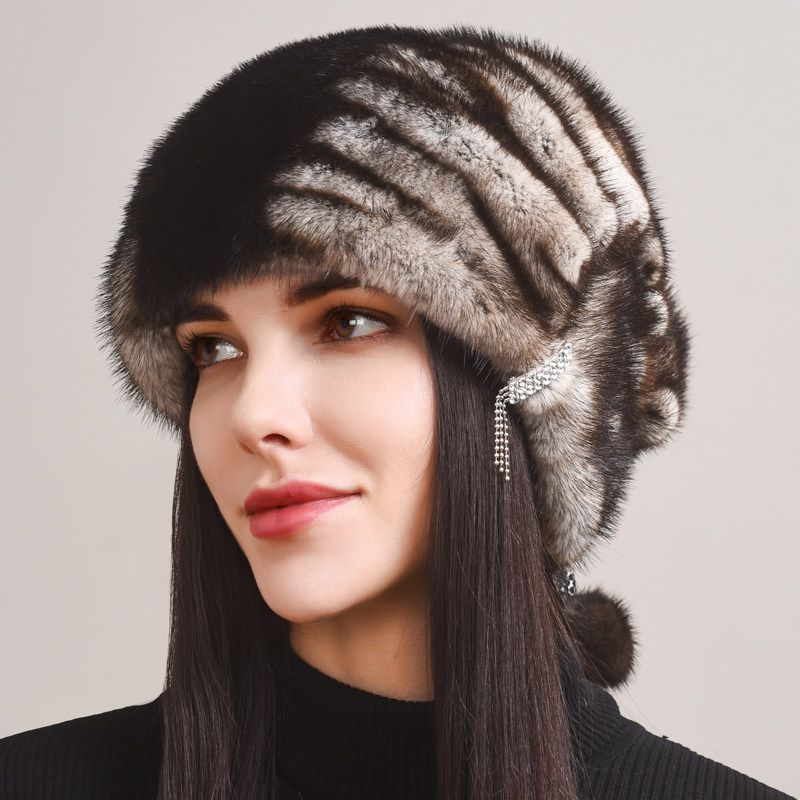 Tiger Printed Luxury Real Mink Fur Hat for Women Winter Slouchy Fur Beanie Beret Hat with Pom-Pom