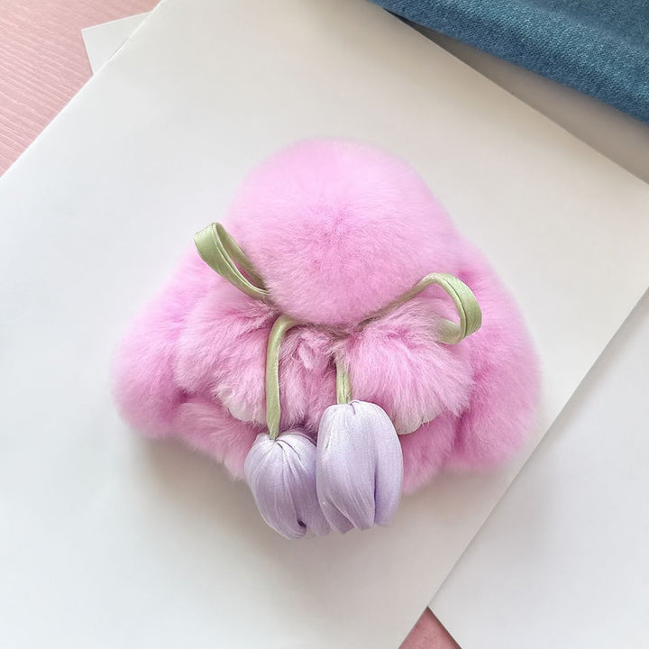 Cute Bunny Rabbit Fur Keychain with Tulip Charm Soft Plush Rabbit Bag Charm Key Ring Accessory