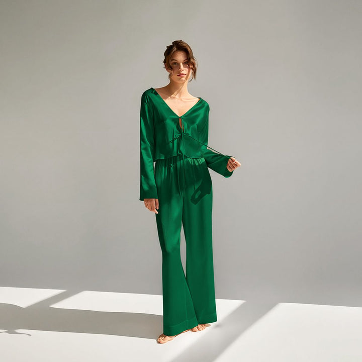 22 Momme Sexy Tie-Front  V-Neck Long Sleeve Silk Pajama Set for Women