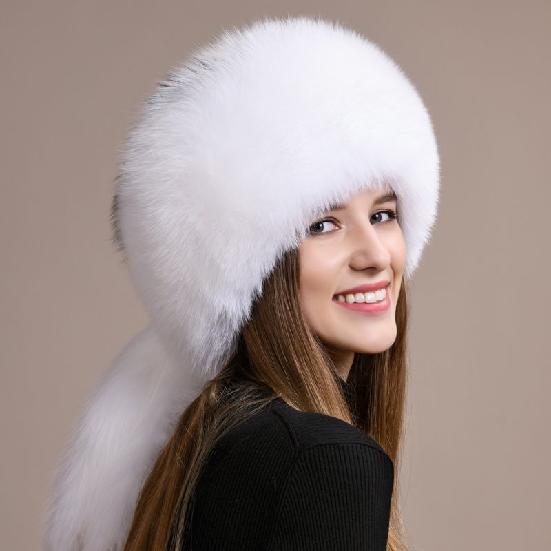Genuine Fox Fur Hat for Women Luxury Long Tail Full-Pelt Winter Outdoor Hat