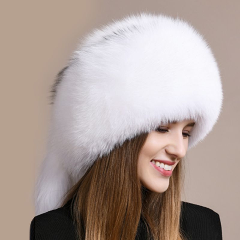 Genuine Fox Fur Hat for Women Luxury Long Tail Full-Pelt Winter Outdoor Hat