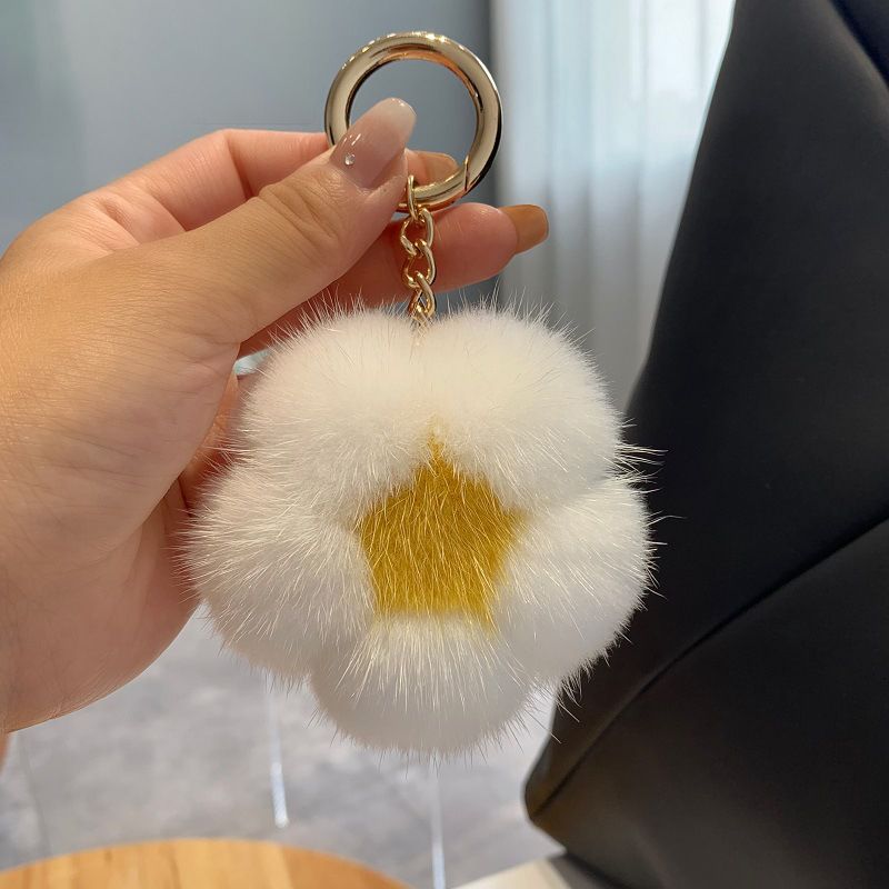 Cute Real Mink Fur Flower Car Keychain Fluffy Pom-Pom Luxury Bag Charm