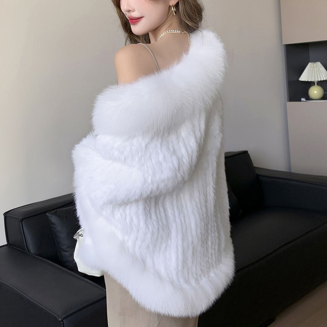 Women's Real Mink Fur Knitted Shawl Wrap with Pockets Fluffy Fox Fur Trimmed Cape