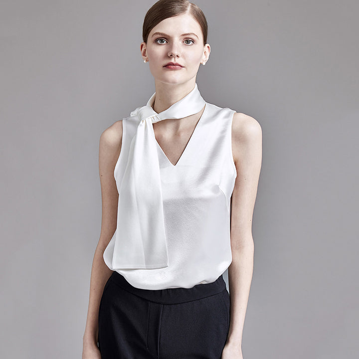 22 Momme Women's V-Neck Sleeveless Silk Tank Top with Scarf Tie