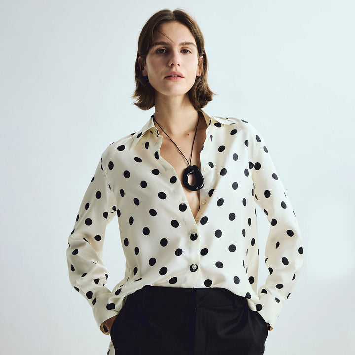 Women’s Polka Dots Printed Long Sleeve Button-Down Mulberry Silk Blouse Shirt