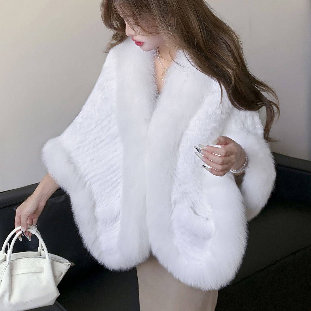 Women's Real Mink Fur Knitted Shawl Wrap with Pockets Fluffy Fox Fur Trimmed Cape