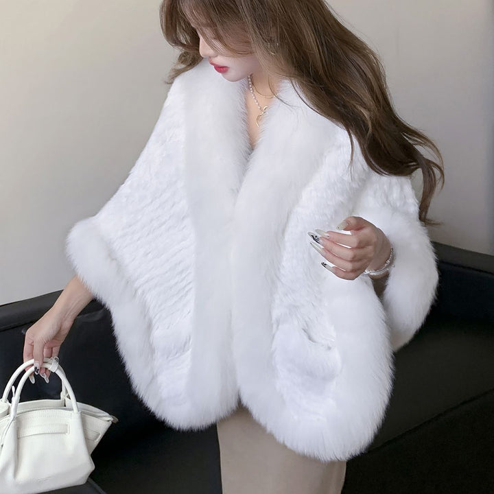 Women's Real Mink Fur Knitted Shawl Wrap with Pockets Fluffy Fox Fur Trimmed Cape