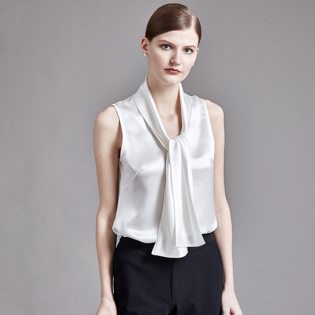 22 Momme Women's V-Neck Sleeveless Silk Tank Top with Scarf Tie