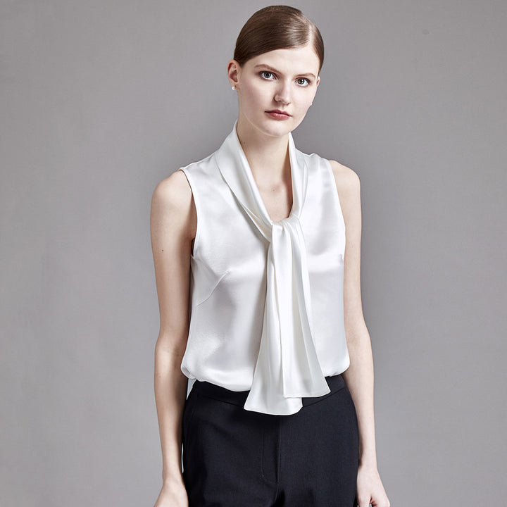 22 Momme Women's V-Neck Sleeveless Silk Tank Top with Scarf Tie