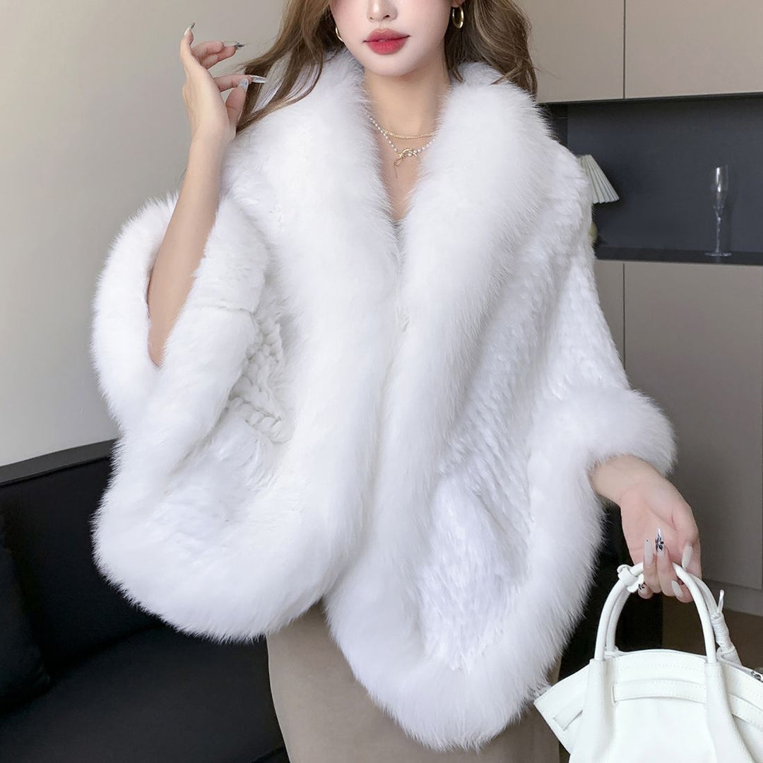 Women's Real Mink Fur Knitted Shawl Wrap with Pockets Fluffy Fox Fur Trimmed Cape