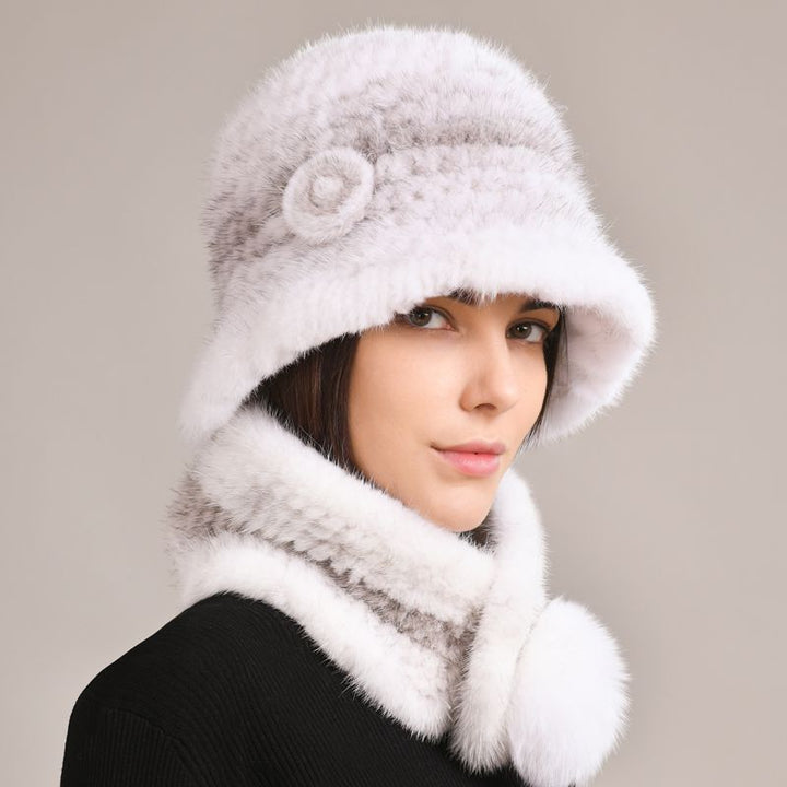 Luxury Mink Fur Hat and Scarf Set for Women Elegant Winter Bucket Hat with Matching Fur Neck Pom-Pom Warmer