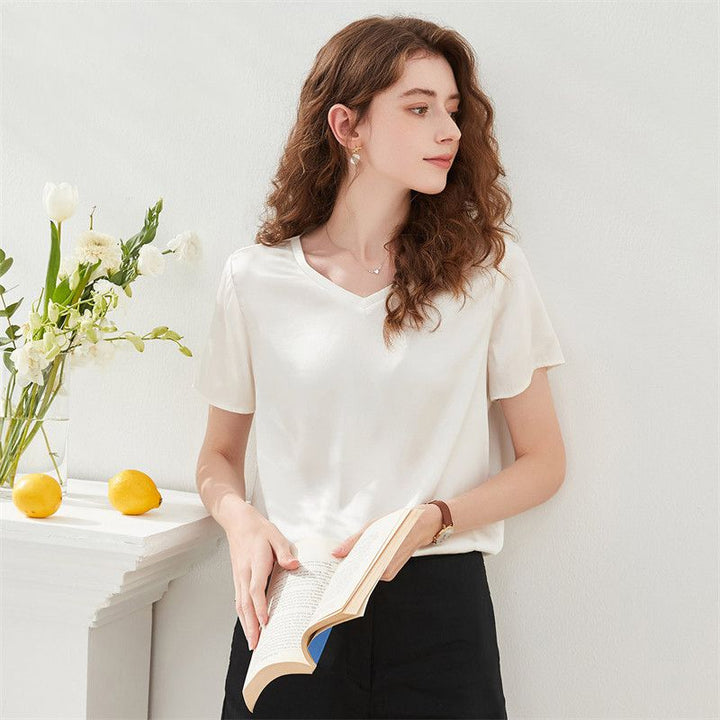 22 Momme Basic V-Neck Pure Mulberry Silk Short Sleeve T-Shirt