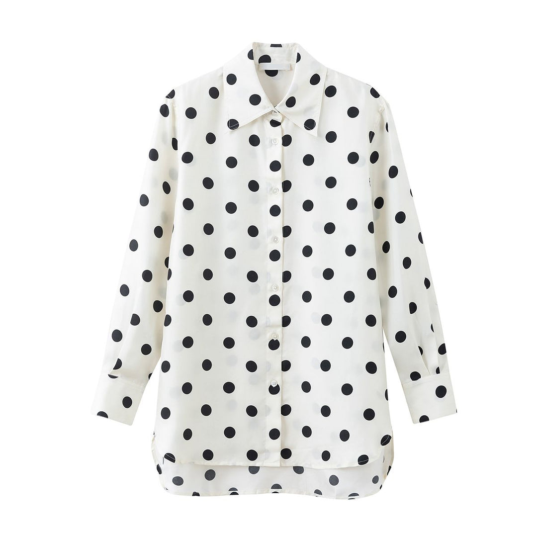 Women’s Polka Dots Printed Long Sleeve Button-Down Mulberry Silk Blouse Shirt