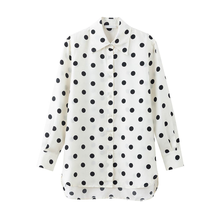 Women’s Polka Dots Printed Long Sleeve Button-Down Mulberry Silk Blouse Shirt