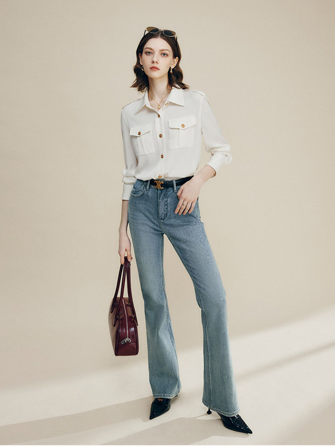30 Momme Women’s Silk Crepe Utility Shirt with Flap Pockets