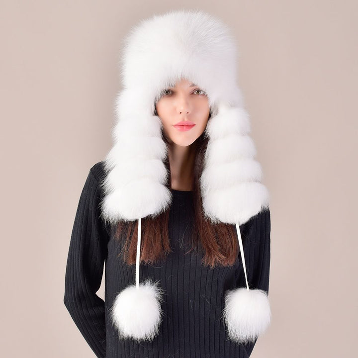 Large Fox Fur Trapper Hat Women's Winter Cold Weather Warm Pom-Pom Fur Hat