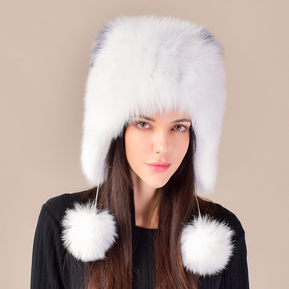 Cute Fox Ear Pom-Pom Fur Trapper Hat Luxury Winter Warm Snow Fur Hat for Cold Weather